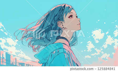 A woman looking up at the sky A woman looking up at the sky 125884841