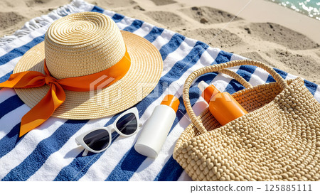 Beach accessories sun hat, sunglasses, sunscreen, and bag on a towel 125885111