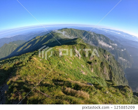 The ridgeline from the summit of Kitamata-dake to Iwasashi-dake in the Iide mountain range The ridgeline from the summit of Kitamata-dake to Iwasashi-dake in the Iide mountain range 125885209