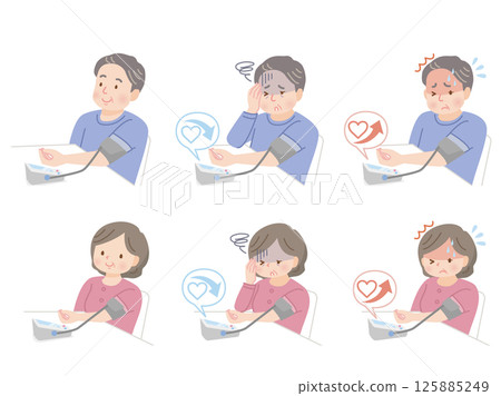 A plump middle-aged couple measuring their blood pressure 125885249