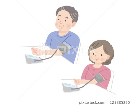 A plump middle-aged couple measuring their blood pressure 125885250