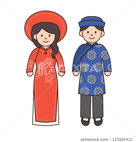 TRADITIONAL VIETNAMESE costume male and female illustration cute kawaii style cultural diversity couple clothing dress outfit around the world ethnic fashion 125885422