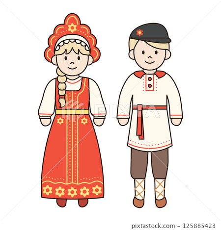 TRADITIONAL RUSSIAN costume male and female illustration cute kawaii style cultural diversity couple clothing dress outfit around the world ethnic fashion 125885423