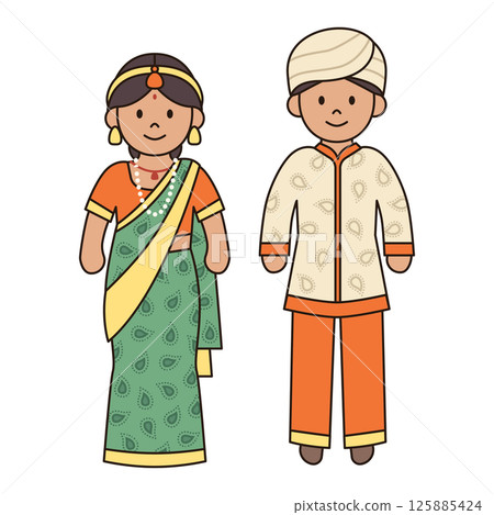 TRADITIONAL INDIAN costume male and female illustration cute kawaii style cultural diversity couple clothing dress outfit around the world ethnic fashion TRADITIONAL INDIAN costume male and female illustration cute kawaii style cultural diversity couple clothing dress outfit around the world ethnic fashion 125885424