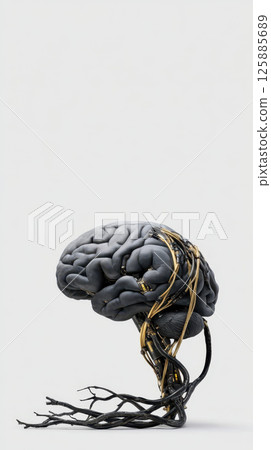 Artificial brain with electric wires, black and gold, isolated white background, futuristic 125885689