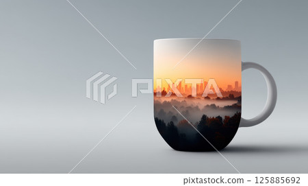City skyline sunrise double exposure on coffee cup, misty forest, creative morning concept 125885692