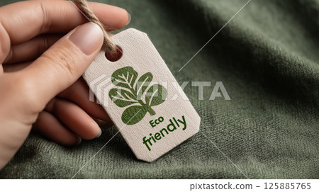 Eco friendly tag with green leaf design held by hand on soft green fabric background 125885765
