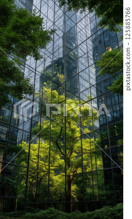 Green tree reflection glass building modern architecture sustainability concept urban nature Green tree reflection glass building modern architecture sustainability concept urban nature 125885766