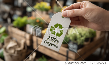 Hand holding white tag with green recycling symbol and 100 percent organic text in market 125885771