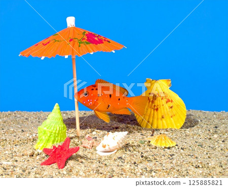 Goldfish resting under a parasol Goldfish resting under a parasol 125885821