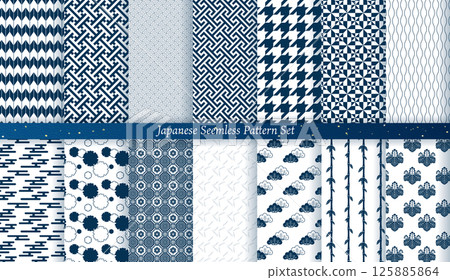 A set of 14 Japanese seamless patterns, including Yagasuri and Ekasumi, traditional Japanese background material 125885864