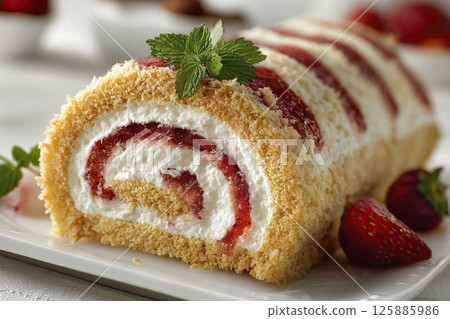 Strawberry roll cake on a white plate. Close up. AI-generated item 125885986