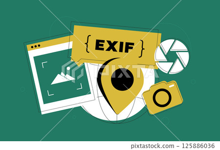 Exif metadata vector illustration featuring exif data viewer, photo editor and removal tools for image SEO optimization. Banner for photographers focusing on image optimization 125886036