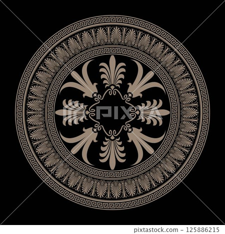 Round pattern with greek key meanders. Circle of Ancient Greece and the Roman Empire. Byzantine painting. Greek fret, key. Decoration of European palaces, ceramic, textile, embroidery, porcelain.  125886215