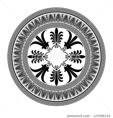 Greek round ornament with key meanders. Circle of Ancient Greece,  Roman Empire. Byzantine painting. Greek fret, key. Decoration of European palaces, ceramic, textile, embroidery, porcelain. Circle 125886216