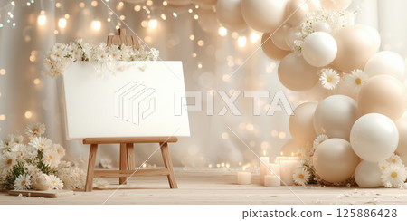Blank canvas easel white flower balloon candle wood floor vertical soft light festive 125886428