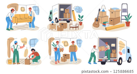 Vector illustrations collection of moving services, relocation, preparing new home. Cartoon movers in uniforms carry furniture, load boxes in truck, assemble furniture, paint walls, unpack belongings 125886685