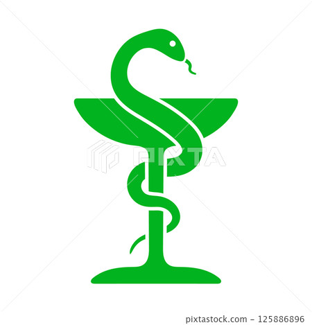 Medical logo design, pharmacy symbol with snake and chalice bowl. Healthcare doctor pharmacy. Vector illustration image. Isolated on white background. 125886896