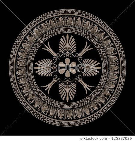 Gold Greek vector round pattern on black background. Greek key meanders ornaments. Circle of Ancient Greece, Roman Empire. Byzantine painting pattern. Decoration for European palaces, ceramic, textil Gold Greek vector round pattern on black background. Greek key meanders ornaments. Circle of Ancient Greece, Roman Empire. Byzantine painting pattern. Decoration for European palaces, ceramic, textil 125887029