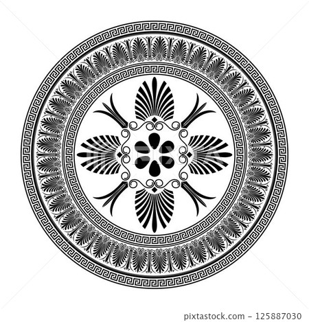 Monochrome Greek vector round pattern. Greek key meanders ornaments. Circle of Ancient Greece, Roman Empire. Byzantine painting pattern. Decoration for European palaces, ceramic, textile, embroidery Monochrome Greek vector round pattern. Greek key meanders ornaments. Circle of Ancient Greece, Roman Empire. Byzantine painting pattern. Decoration for European palaces, ceramic, textile, embroidery 125887030