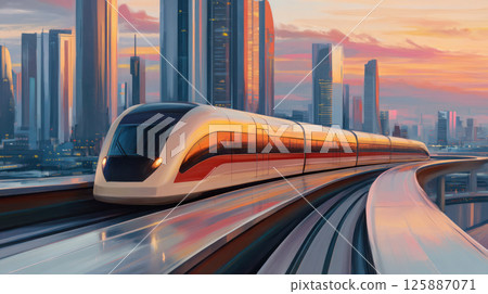 Futuristic white high-speed train moving on elevated tracks with modern city skyline at sunset in background for transportation and technology concept. 125887071