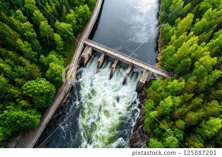 Aerial view of hydroelectric dam releasing water through gates surrounded by dense green forest for renewable energy and environmental concept. 125887201