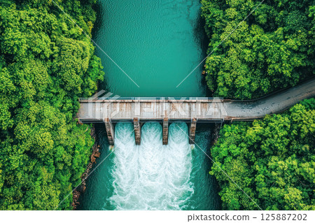 Aerial view of hydroelectric dam releasing water through gates surrounded by dense green forest for renewable energy and environmental concept. 125887202