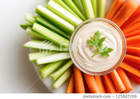 Healthy Snack Plate with Fresh Celery and Carrot Sticks Served with Creamy Ranch Dip Garnished with Parsley. Healthy Snack Plate with Fresh Celery and Carrot Sticks Served with Creamy Ranch Dip Garnished with Parsley. 125887209