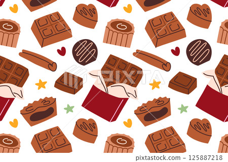 Vibrant pattern with chocolates and candies, colorful wrappers illustrations, pieces of chocolate bars, candies with glaze in different shapes, cinnamon stick. Background for sweet food designs Vibrant pattern with chocolates and candies, colorful wrappers illustrations, pieces of chocolate bars, candies with glaze in different shapes, cinnamon stick. Background for sweet food designs 125887218