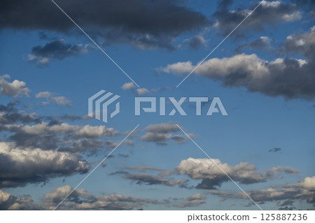 Scenic view of a partly cloudy sky with fluffy clouds against a serene blue backdrop Scenic view of a partly cloudy sky with fluffy clouds against a serene blue backdrop 125887236