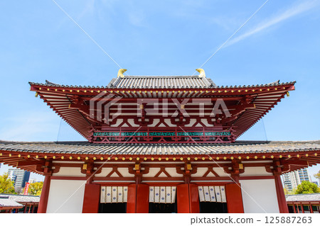 Shitennoji Temple, Main Hall and blue sky, Osaka City Shitennoji Temple, Main Hall and blue sky, Osaka City 125887263
