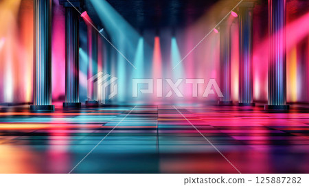 Futuristic Hall with Glowing Columns and Colorful Spotlights Reflecting on Shiny Tiled Floor. Futuristic Hall with Glowing Columns and Colorful Spotlights Reflecting on Shiny Tiled Floor. 125887282