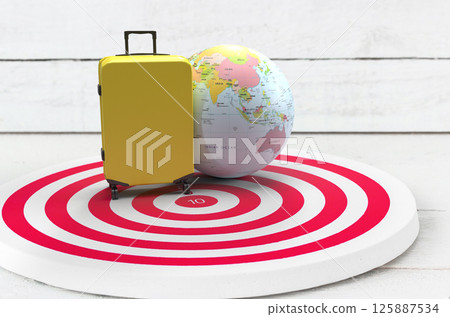 Yellow Suitcase and Globe on Target Representing Travel and Global Tourism 125887534