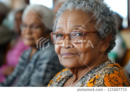 Warm portraits of elderly women celebrating wisdom at local community center 125887733