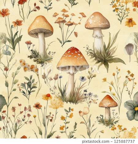 Vibrant wild mushrooms and colorful flowers in a peaceful botanical landscape 125887737