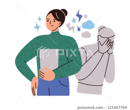 Vector illustration of imposter syndrome, businesswoman standing in confident position. Shadow hides face, symbol of self doubt, insecurity, anxiety in professional life, workplace emotions and states 125887764