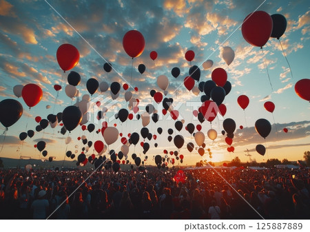 Celebration of freedom balloon release event at sunset outdoor festival vibrant sky community gathering Celebration of freedom balloon release event at sunset outdoor festival vibrant sky community gathering 125887889