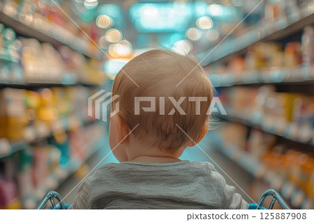 Baby in shopping cart observing aisles grocery store candid photo indoor environment back view curious exploration Baby in shopping cart observing aisles grocery store candid photo indoor environment back view curious exploration 125887908