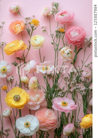 Vibrant floral composition studio setting photography soft pink background close-up perspective nature's beauty revealed 125887984