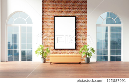 Elegant indoor space with a large art display and natural light, 3D render illustration Elegant indoor space with a large art display and natural light, 3D render illustration 125887991