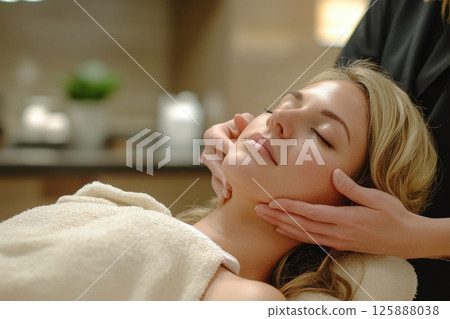 Relaxing facial treatment spa center wellness session calm environment close-up view self-care concept for ultimate relaxation 125888038