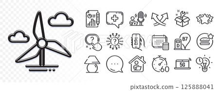 Timer, Info app and Diesel station line icons for web app. Glare of light effect. Message icon. Pack of Report document, Spanner, Account pictogram icons. Vector 125888041