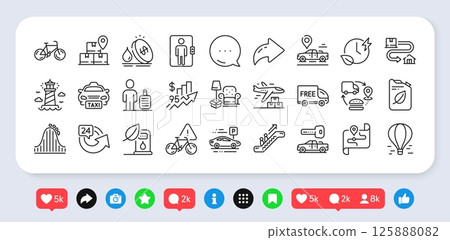 Car parking, Packing things and Rise price line icons pack. Social media: share, comment, like icons. Lighthouse, Charging time, Roller coaster web icon. Vector Car parking, Packing things and Rise price line icons pack. Social media: share, comment, like icons. Lighthouse, Charging time, Roller coaster web icon. Vector 125888082