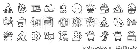 Buyer customer line icons. Settings gear, Message, Inflation icons. Contactless payment card, shopping cart and group of people. Store, buyer loyalty card, client ranking set icons. Vector 125888130
