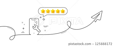 Smartphone repair line icon. Continuous line with share plane. Phone recovery sign. Mobile device symbol. Five star rate review in speech bubble. Smartphone repair single line ribbon. Vector Smartphone repair line icon. Continuous line with share plane. Phone recovery sign. Mobile device symbol. Five star rate review in speech bubble. Smartphone repair single line ribbon. Vector 125888172