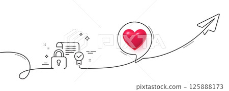 Security contract line icon. Continuous line with share plane. Cyber defence lock sign. Private protection symbol. 3d heart in speech bubble. Security contract single line ribbon. Vector Security contract line icon. Continuous line with share plane. Cyber defence lock sign. Private protection symbol. 3d heart in speech bubble. Security contract single line ribbon. Vector 125888173