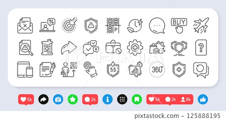 Reject letter, Unknown file and Statistics timer line icons pack. Social media: share, comment, like icons. Leadership, Search document, Ph neutral web icon. Vector 125888195
