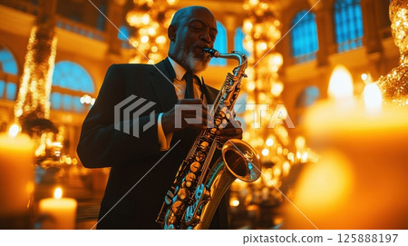 A man playing a saxophone in a room with candles 125888197