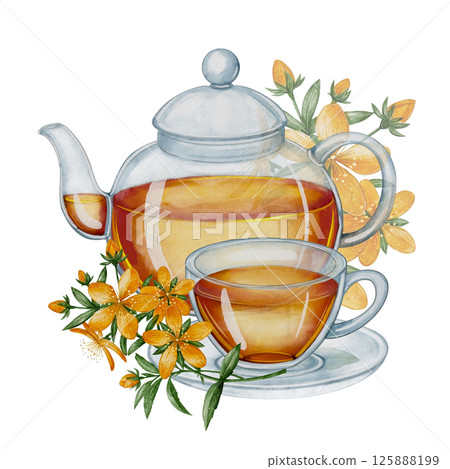 Teapot and cup with tea and St. John's wort, watercolor 125888199