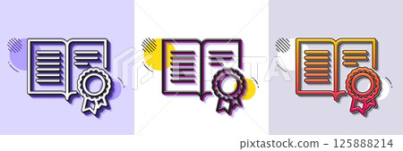 Diploma with Medal line icon. Halftone dotted pattern. Gradient icon with grain shadow. Certificate document symbol. Approved badge or Winner medal sign. Line diploma icon. Various designs. Vector 125888214